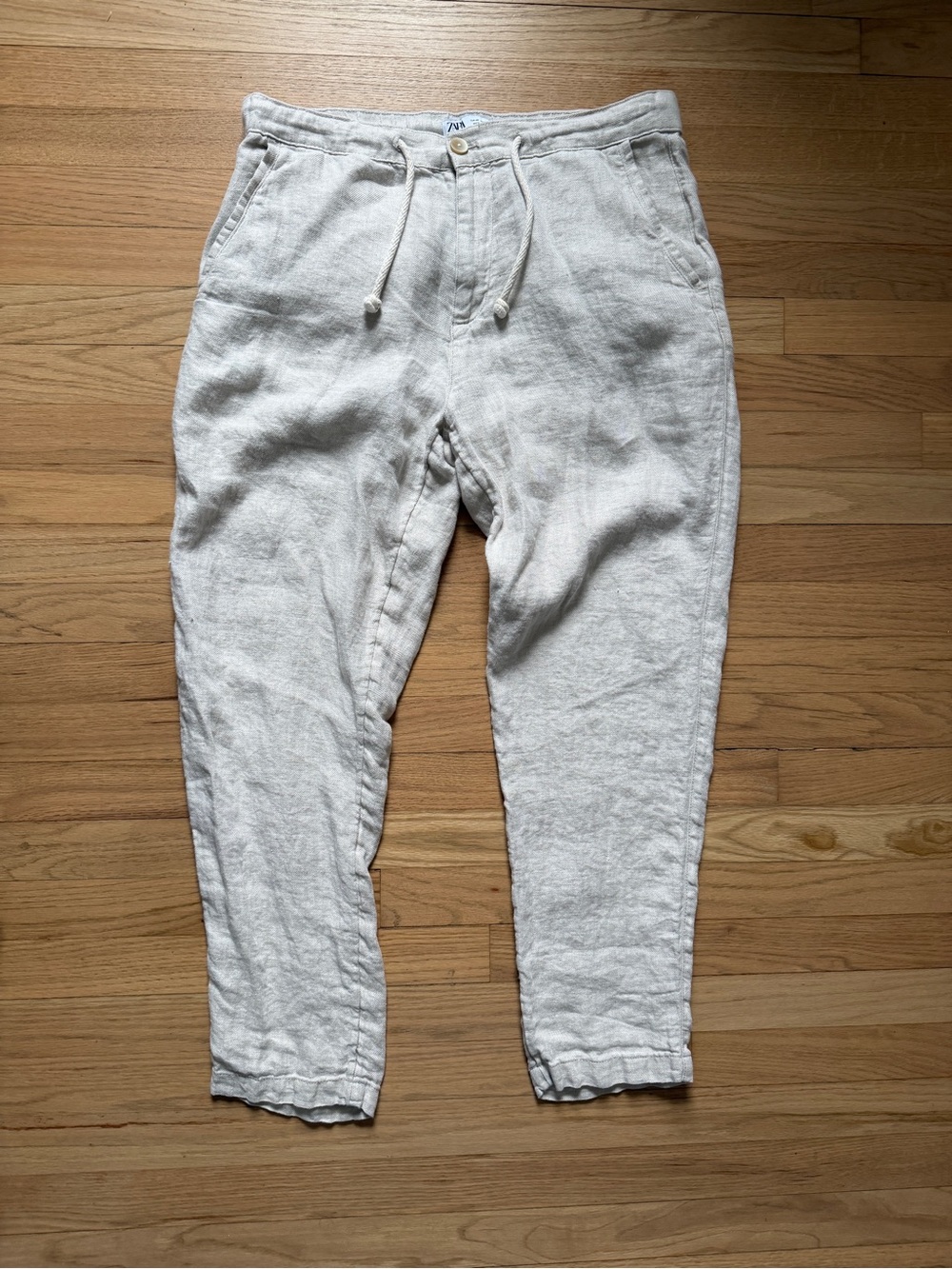 Zara Men's Cream Drawstring Linen Joggers